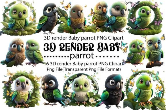 3D Render Baby Parrot PNG Bundle: Vibrant Design Assets